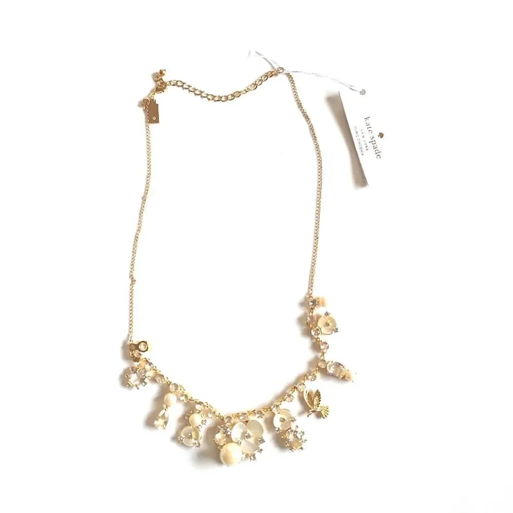 New! KATE SPADE Disco Pansy Flower Bird Crystal Gold-tone Necklace 16